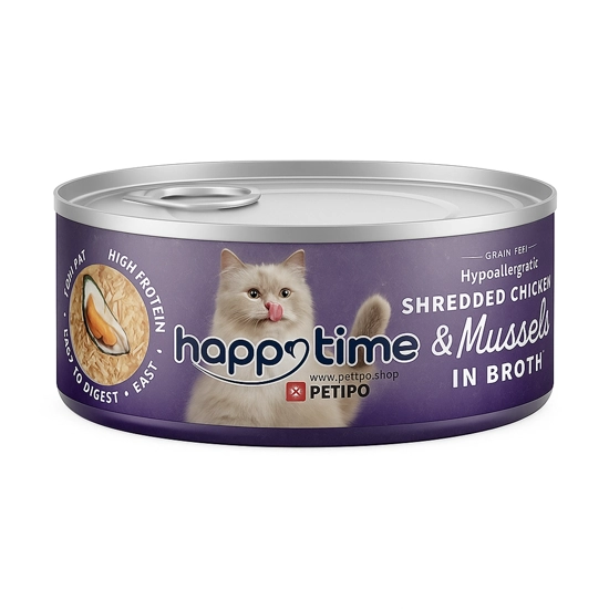 کنسرو گربه هپی تایم نچرال chicken and Mussels وزن 70 گرم